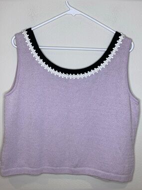 St John Santana Knit Lavender Tank Top Size L Boxy Shell Black & White Trim USA